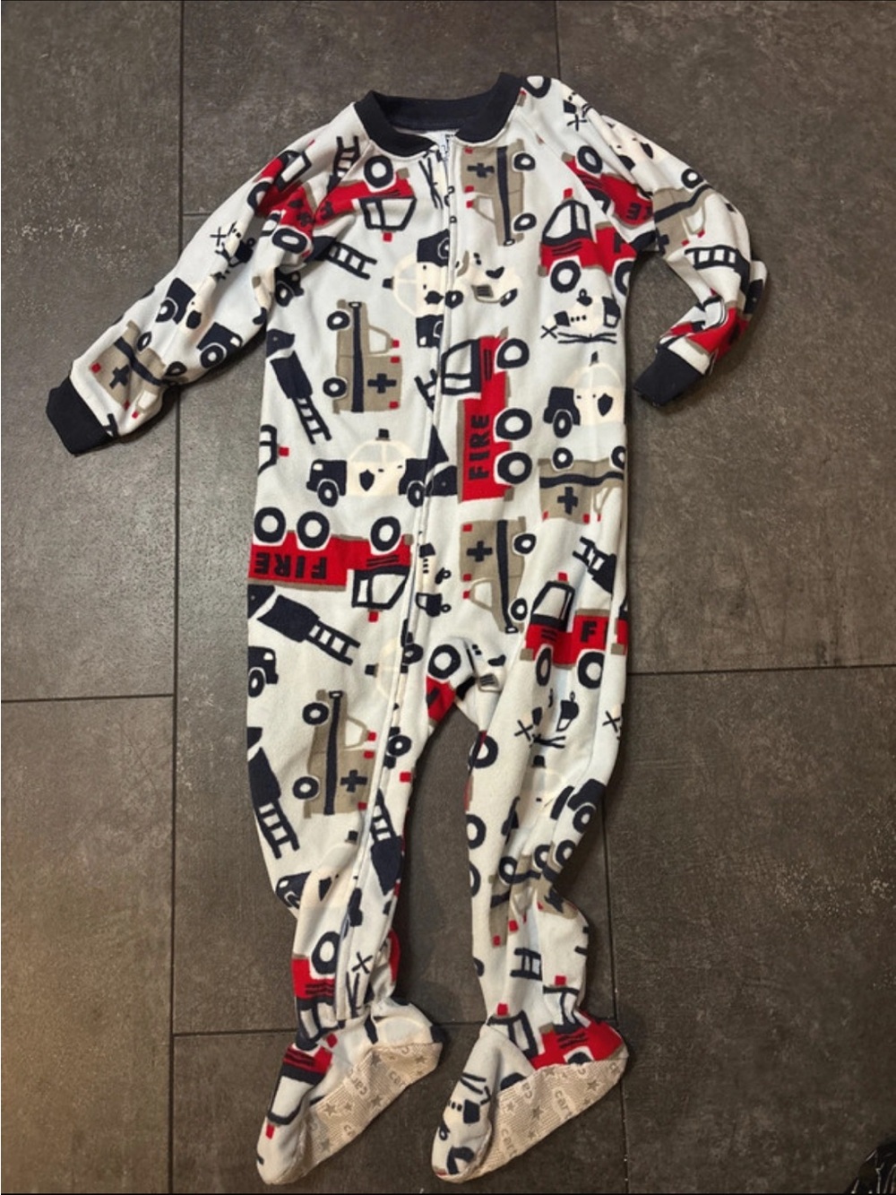 Carters 2T Kids Fleece One-Piece Pajamas - White with Red & Navy Fire Truck Prin